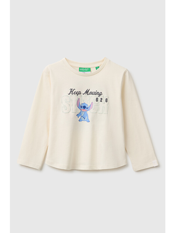 United Colors Of Benetton Kız Bebek Ekru Önü Lilo&Stitch Baskılı Ribanalı Uzun Kollu Tişört