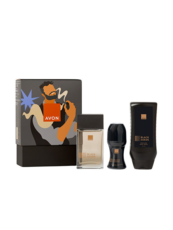 AVON Black Suede Erkek Parfüm, Rollon, Saç ve Vücut Şampuanı Hediye Paketi