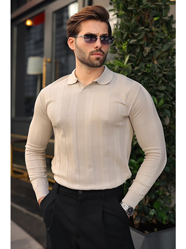 Madmext Taş Rengi Regular Fit Polo Yaka Triko Erkek Kazak E7509