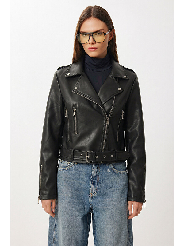Happiness İstanbul Kemerli Suni Deri Biker Ceket SİYAH LAX0003