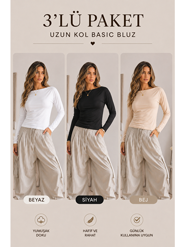 COMBINE Kadın Kayık Yaka Basic Dar 3 Lü Bluz