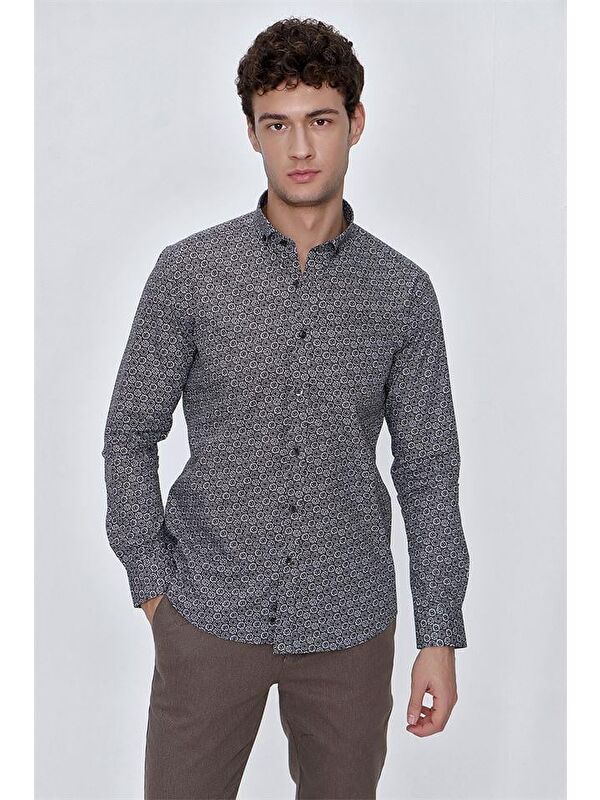 İMZA Koyu Kahverengi Uzun Kol Gömlek Yaka Klasik Slim Fit Pamuklu Gömlek 1004225223