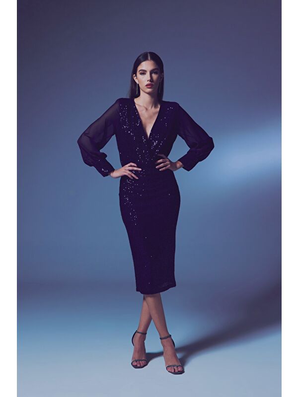 SATEEN Payet Detaylı Kalem Etek - Lacivert