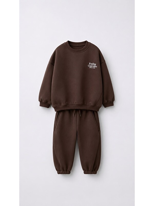 Monila Unisex Çocuk Basic Yazı Detaylı 3 İplik Kumaş Eşofman Takım