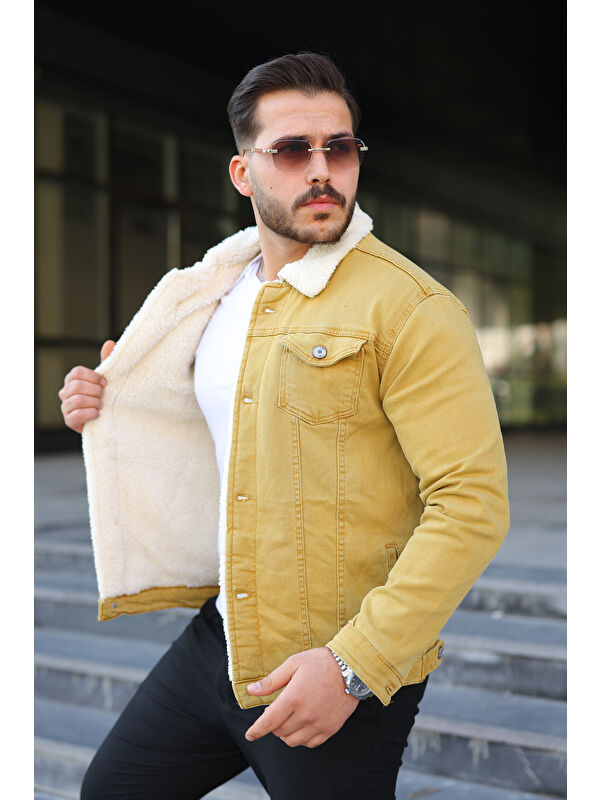 Comstar Erkek Trend Kışlık Içi Kürklü Sarı Jean Ceket