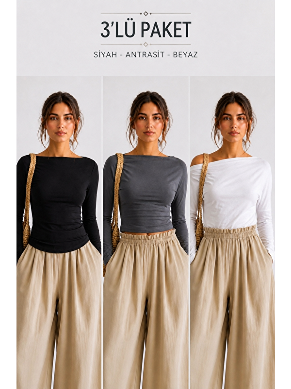 COMBINE Kadın Casual Pamuklu Uzun Kol 3 Lü Bluz