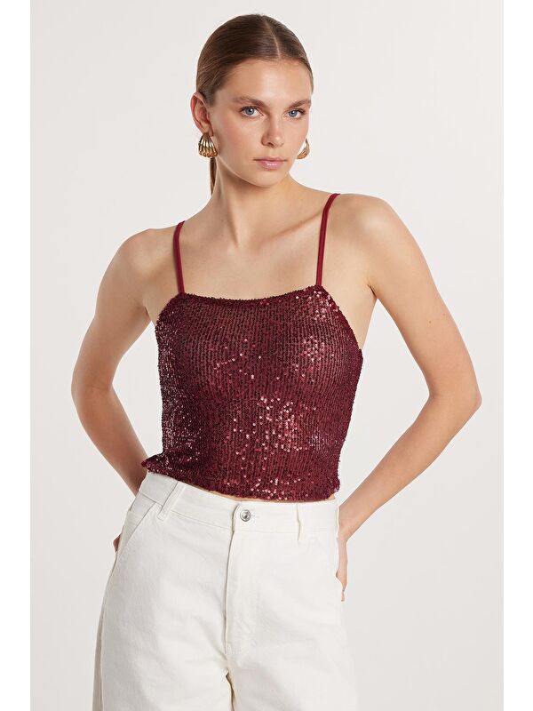 TUDORS Kadın Slim Fit Dar Kesim Bordo Sıfır Kol U Yaka Bluz