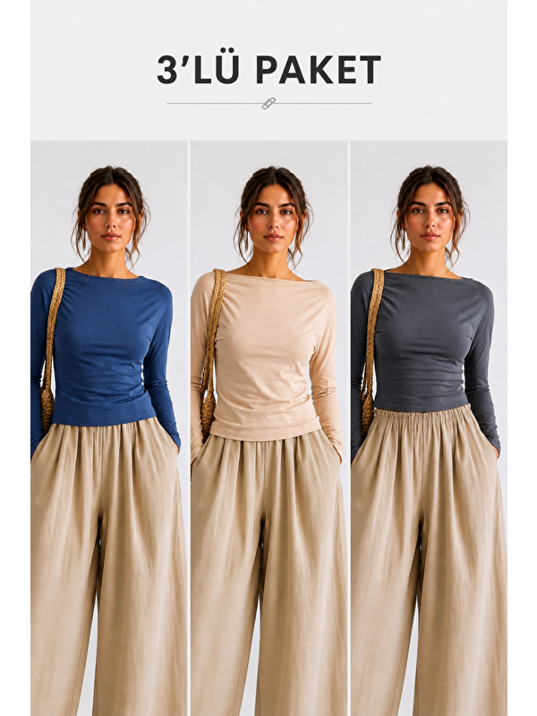 COMBINE Kadın Casual Pamuklu Uzun Kol 3 Lü Bluz