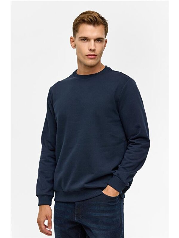 Süvari Lacivert Regular Düz Bisiklet Yaka Sweatshirt