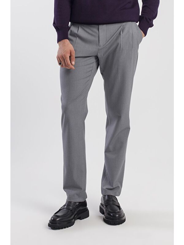 JAKAMEN Gri Comfort Fit Çift Cep Kapaklı Pileli Yan Cep Pantolon
