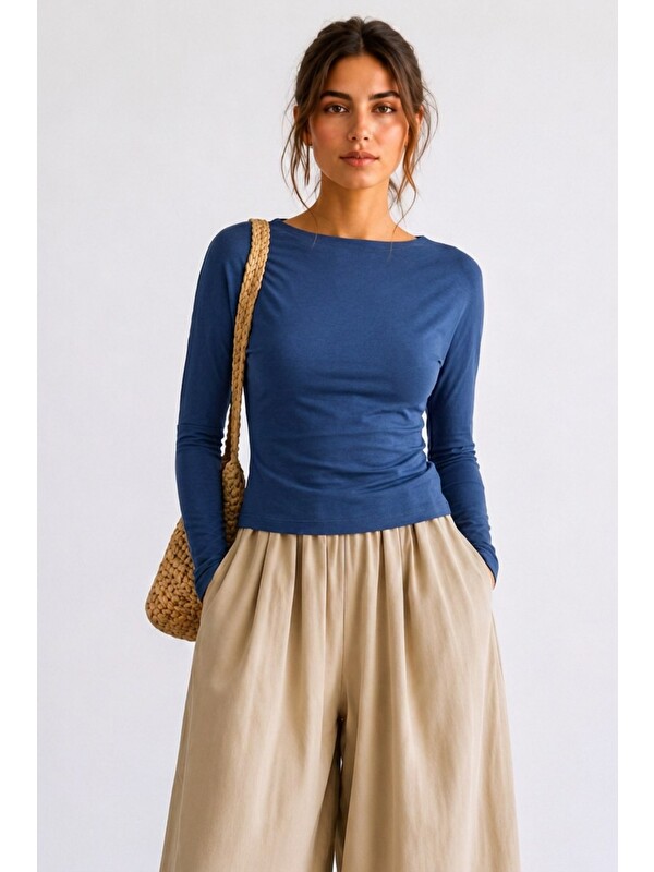 COMBINE Kadın Crop Bodycone Uzun Kollu Mavi Bluz
