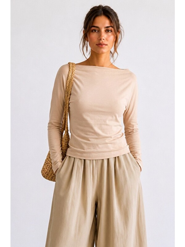 COMBINE Kadın Crop Bodycone Uzun Kollu Bej Bluz
