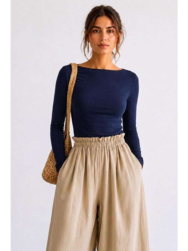 COMBINE Kadın Crop Bodycone Uzun Kollu Lacivert Bluz