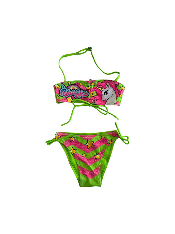 Hazelin Kız Çocuk Neon Yeşil Desenli 2-8 Yaş Straplez Bikini Takım HZL24S-LC3658