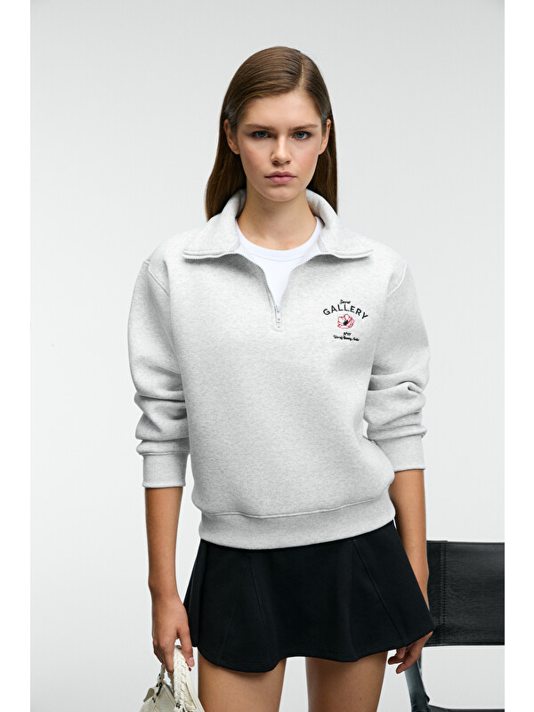 GRIMELANGE BELLE Kadın Nakış Detaylı Yarım Fermuarlı Dik Yakalı Regular Fit GRİ MELANJ Sweatshirt