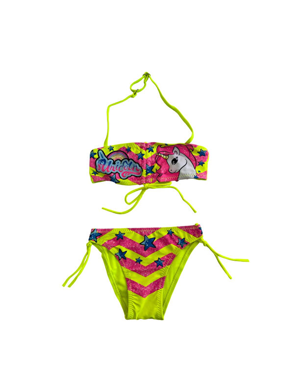 Hazelin Kız Çocuk Neon Sarı Desenli 2-8 Yaş Straplez Bikini Takım HZL24S-LC3658