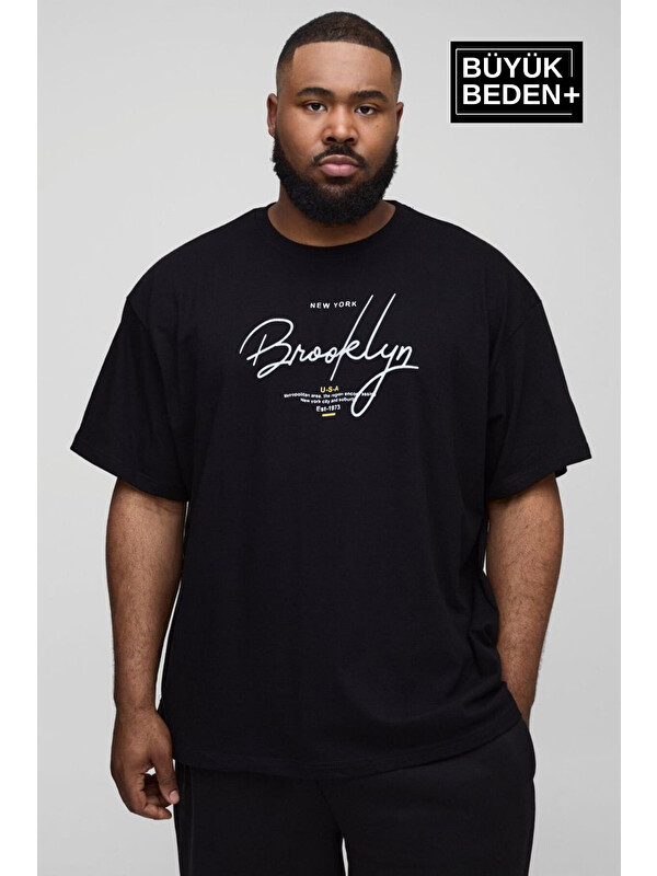 Süperlife Erkek Büyük Beden El Yazılı Brooklyn Baskılı 3xl-6xl Bisiklet Yaka Tshırt SPR26BTS510-6