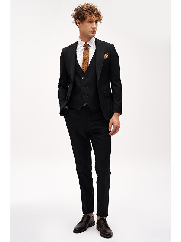 igs Erkek Siyah Slim Fit / Dar Kalıp Sivri Yaka Yelekli Takım Elbise