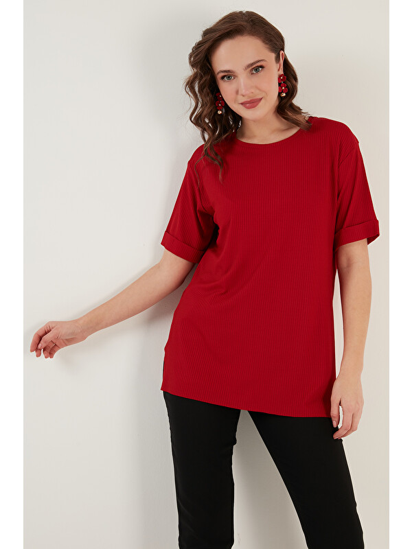 Lela Oversize Bisiklet Yaka Yırtmaç Detaylı Kadın Bluz 5869000