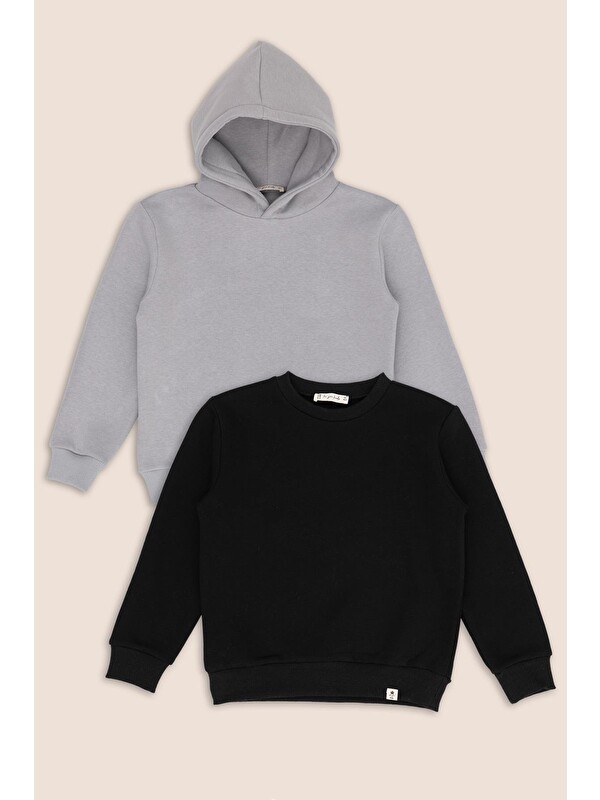 For You Kids 2 Li Siyah Bisiklet Yaka Ve Gri Kapüşonlu Erkek Çocuk Sweatshirt