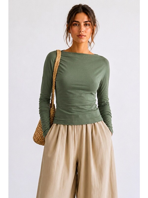 COMBINE Kadın Crop Bodycone Uzun Kollu Haki Bluz