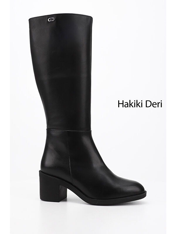 GÖNDERİ(R) Kadın ZÜMRÜT-SİYAH Fermuarlı Kalın Topuklu Hakiki Deri Çizme