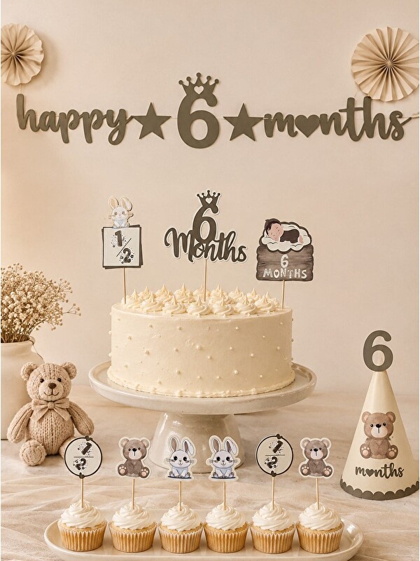 Parti Adresi Happy 6 Months Banner 6 Ay Bebek Doğum Günü Parti Seti Haki