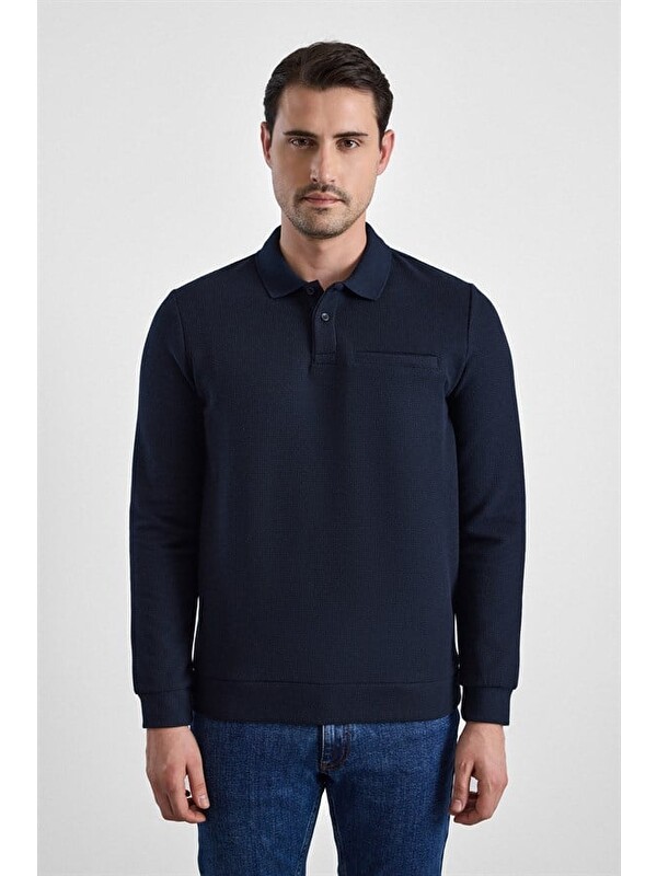 Süvari Lacivert Regular Düz Baskısız Selanik Düğmeli Polo Yaka Torba Cep Trikolu Standart Sweatshirt