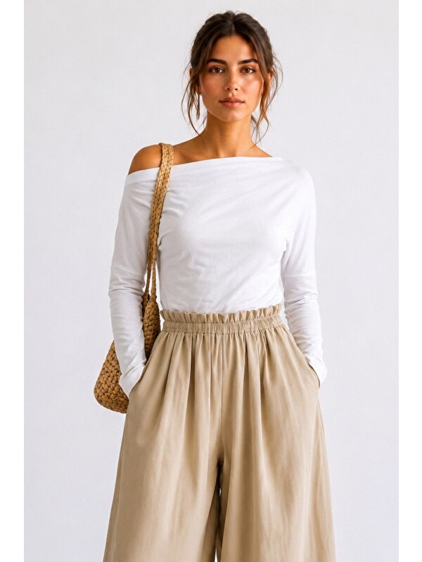 COMBINE Kadın Crop Bodycone Uzun Kollu Beyaz Bluz