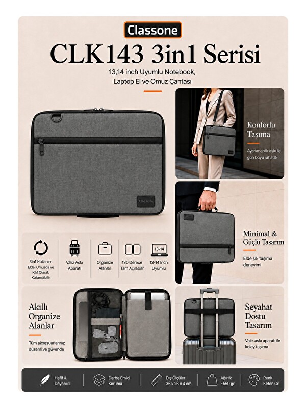 Classone 3in1 Serisi CLK144 13,14 inch Uyumlu Tablet Laptop El ve Omuz Çantası Keten Gri