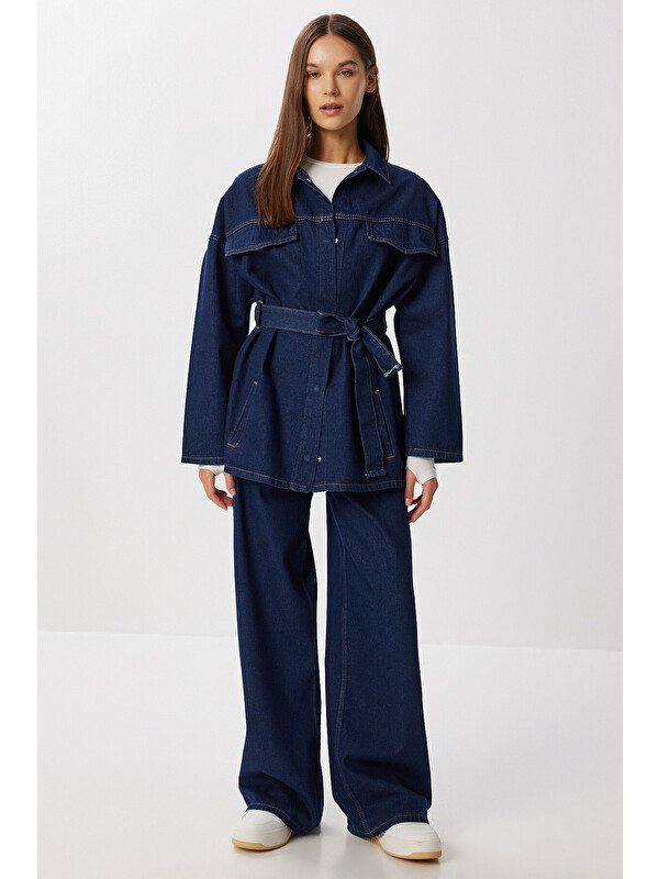Happiness İstanbul Kuşaklı Denim Ceket Pantolon Takım 1935 KOYU MAVİ LAN0075