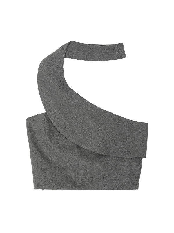 QUZU Boyun Detaylı Crop Bluz Koyu Gri