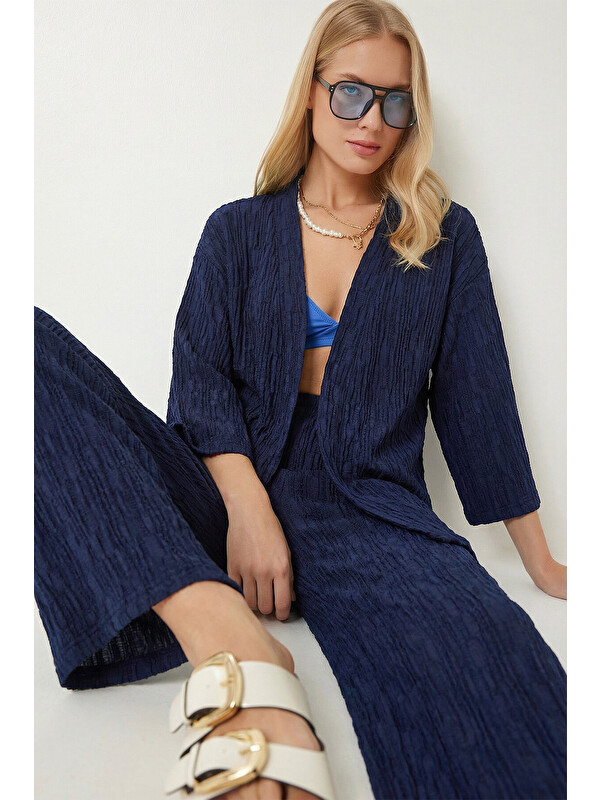 Happiness İstanbul Dokulu Oversize Örme Kimono Takım LACİVERT LBY0041