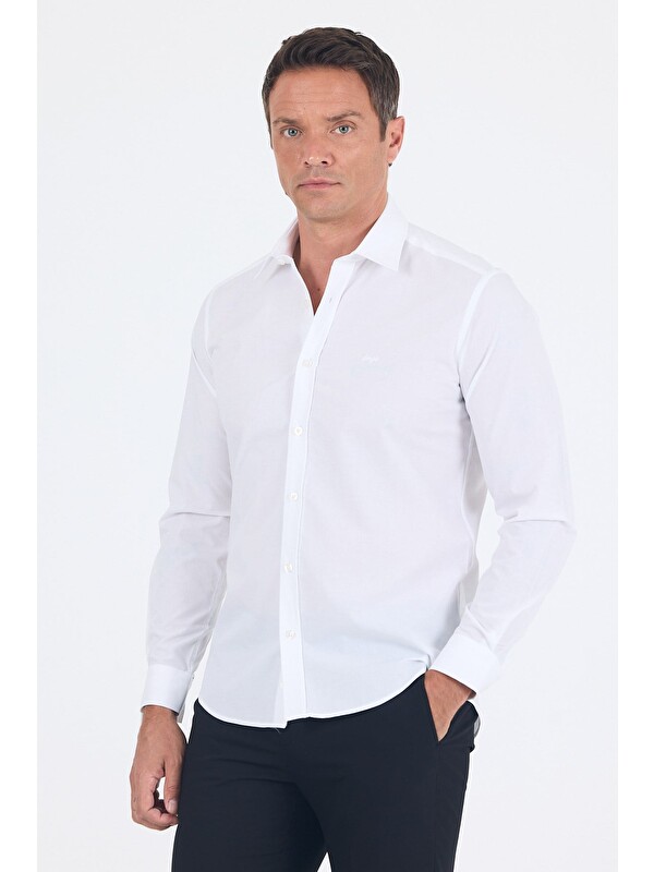 İMZA Sert Yaka Uzun Kol Filafil Slim Fit Pamuklu Gömlek 1004260008