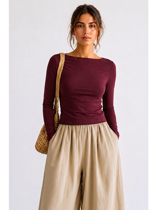 COMBINE Kadın Crop Bodycone Uzun Kollu Bordo Bluz