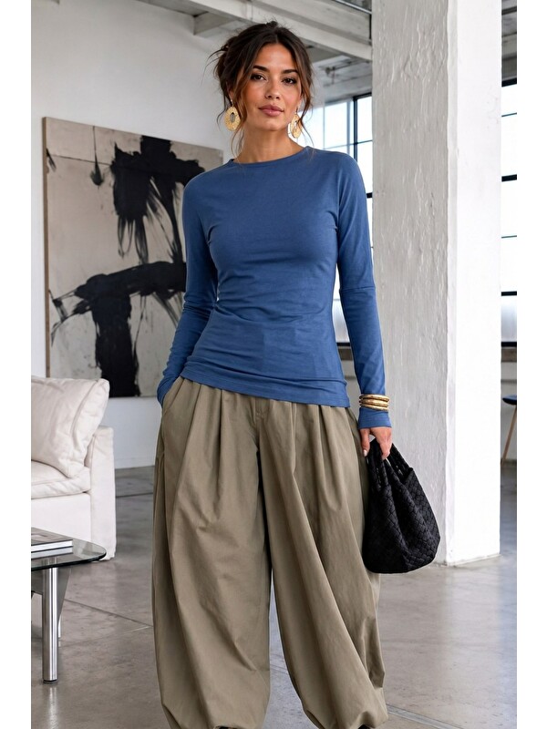 COMBINE Kadın Gabardin Pamuklu Casual Mavi Bluz