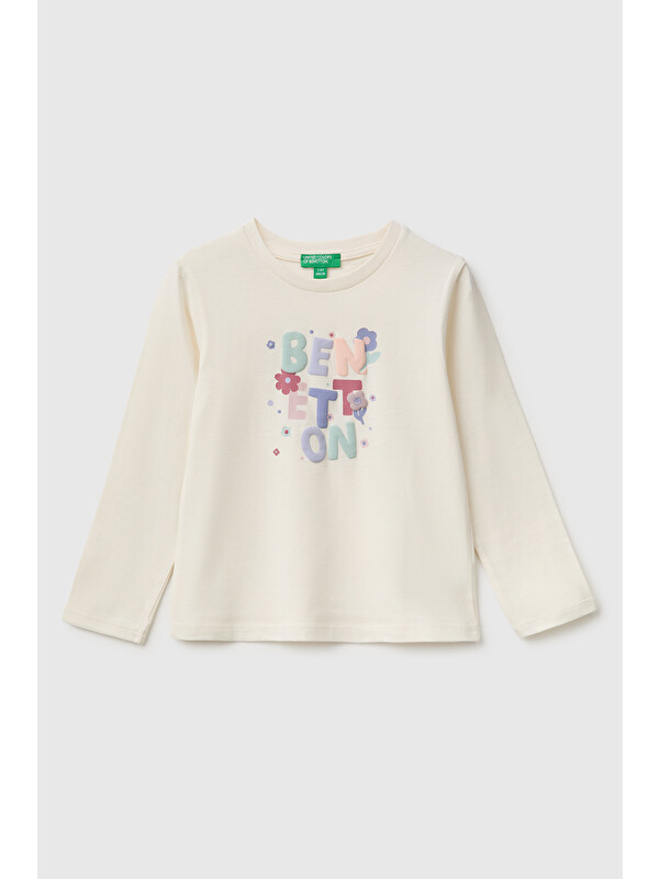 United Colors Of Benetton Kız Bebek Ekru Önü Baskılı Uzun Kollu Tişört