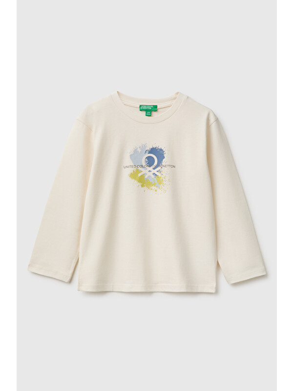 United Colors Of Benetton Erkek Bebek Ekru Önü Baskılı Uzun Kollu Tişört
