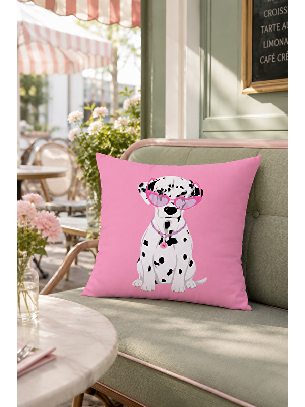 Evmila Sevimli Pembe Dalmaçyalı Köpek Desenli Dekoratif Kırlent Kılıfı Modern Dekor 43x43 cm