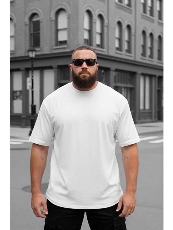 Oksit Kapty Erkek Büyük Beden Battal Basic Bisiklet Yaka Pamuklu T-Shirt Rahat Kesim Unisex Sevgili Kombin