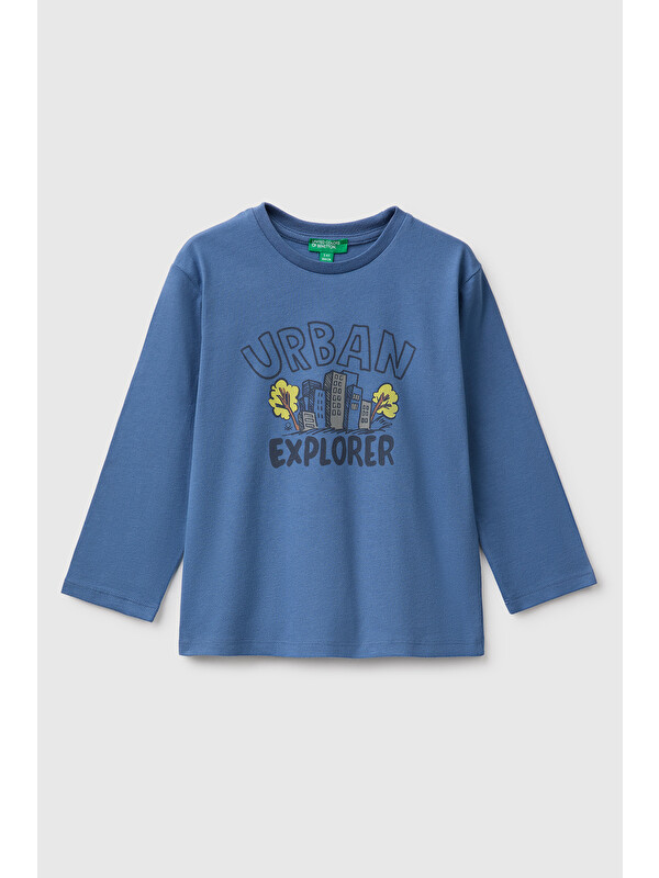 United Colors Of Benetton Erkek Bebek Mavi Önü Baskılı Uzun Kollu Tişört