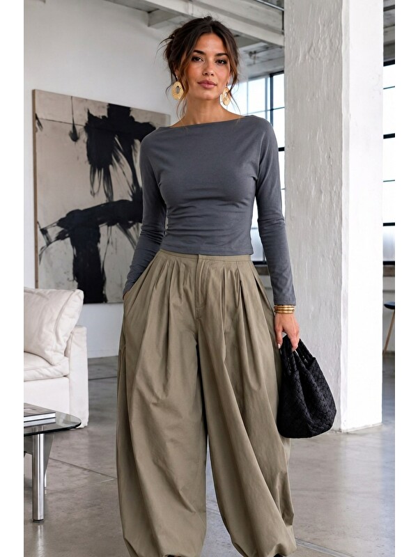 COMBINE Kadın Gabardin Pamuklu Casual Füme Bluz
