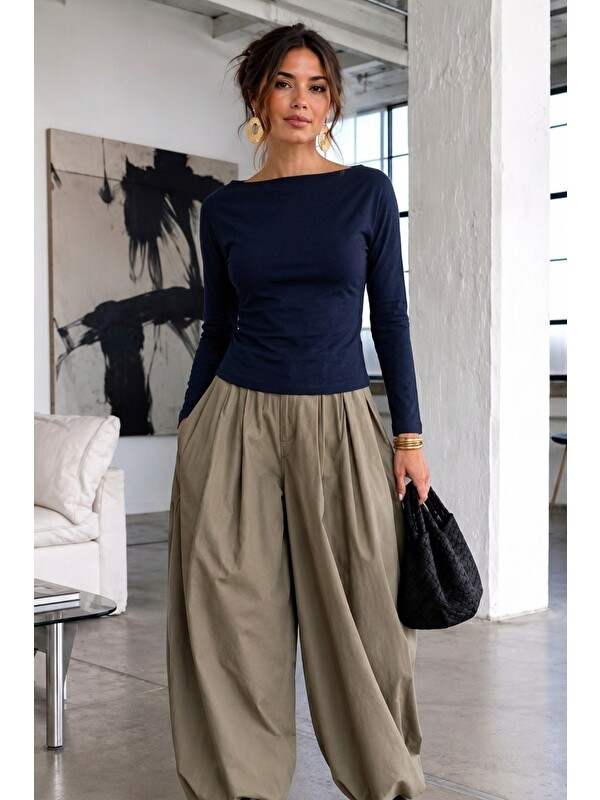 COMBINE Kadın Gabardin Pamuklu Casual Lacivert Bluz