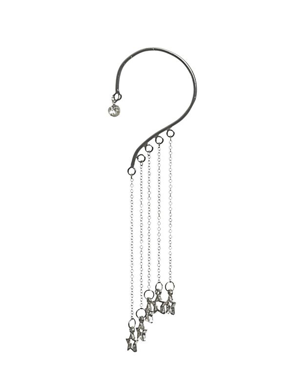 Labalaba Kadın Gümüş Renk Lak Kaplama Tek Taş Detaylı Sallantılı Yıldız Charm Earcuff&Kıkırdak Küpe