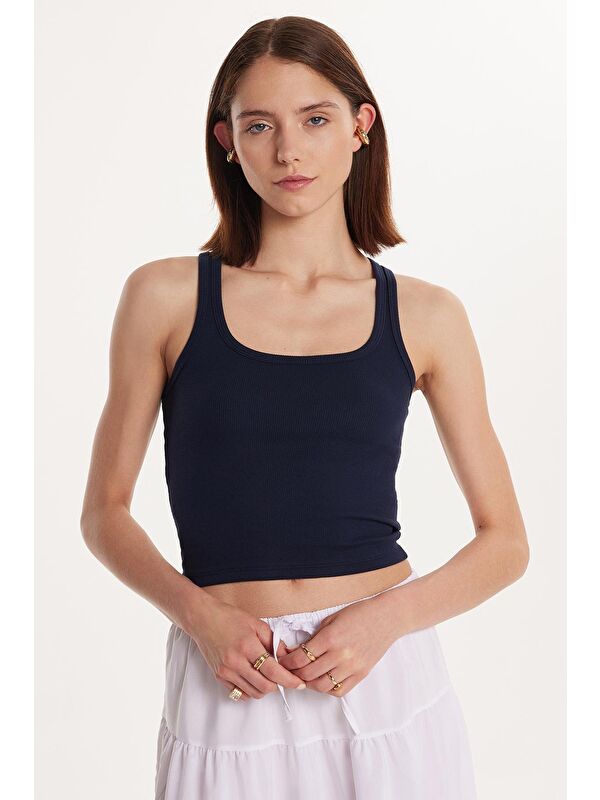 TUDORS Kadın Slim Fit Dar Kesim İnce Askılı U Yaka Lacivert Body Atlet