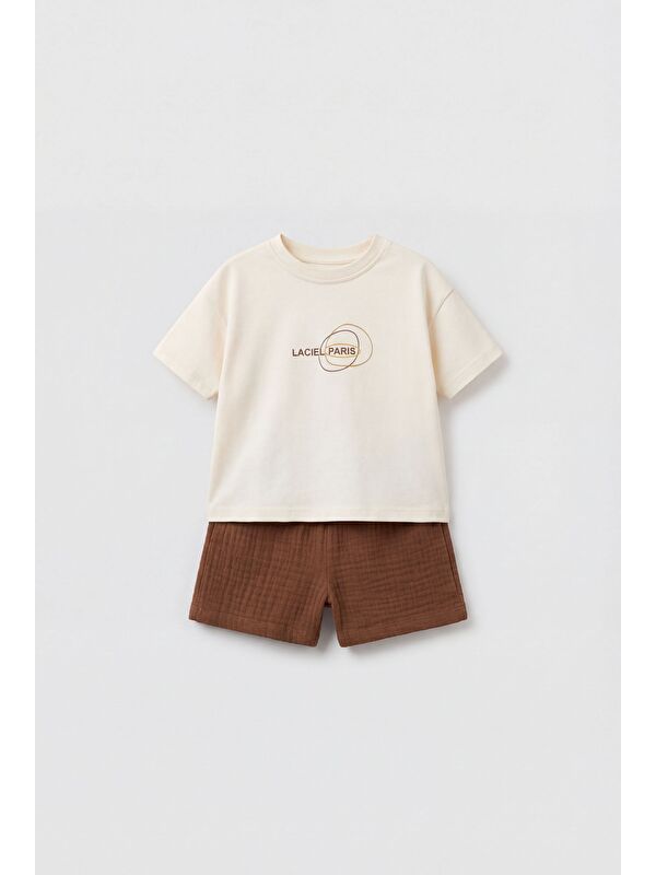 Magu Unisex Bebek Pamuklu Ekru Logo Baskılı Tişört Şort Takım