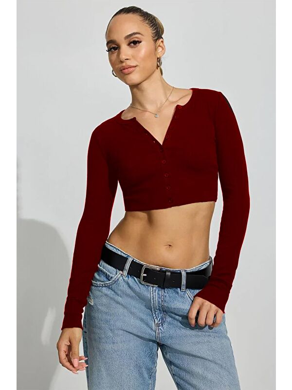 Madmext Bordo Uzun Kollu Düğmeli Kaşkorse Crop Hırka Mg2193