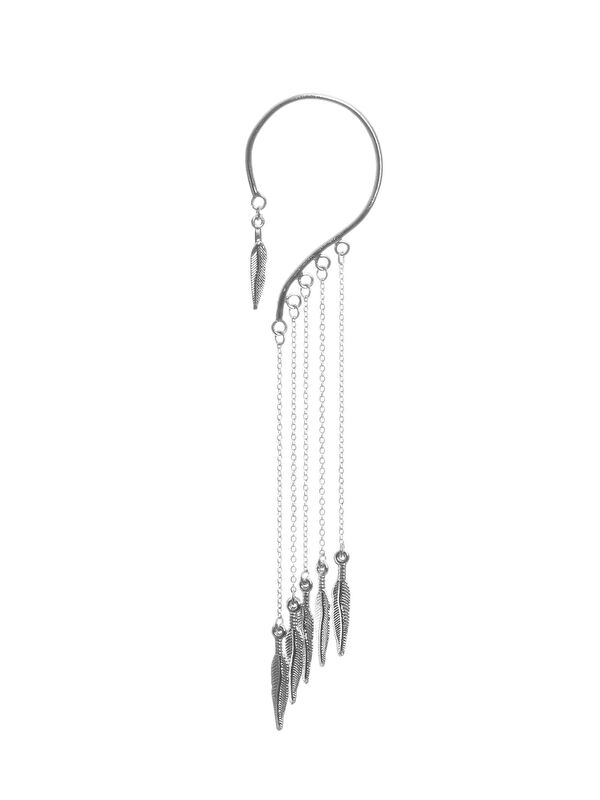 Labalaba Kadın Gümüş Renk Lak Kaplama Sallantılı Yaprak Charm Earcuff&Kıkırdak Küpe