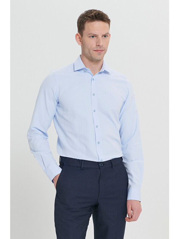 AC&Co / Altınyıldız Classics Erkek Açık Mavi Pamuklu Slim Fit Dar Kesim Klasik Yaka Armürlü Gömlek