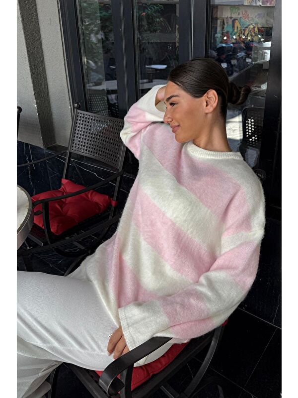 Madmext Pembe Bisiklet Yaka Çizgili Triko Kadın Kazak Mg2472